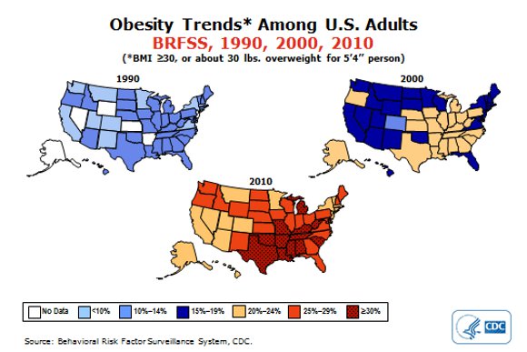 CDC United States obesity map. 1990, 2000, 2010